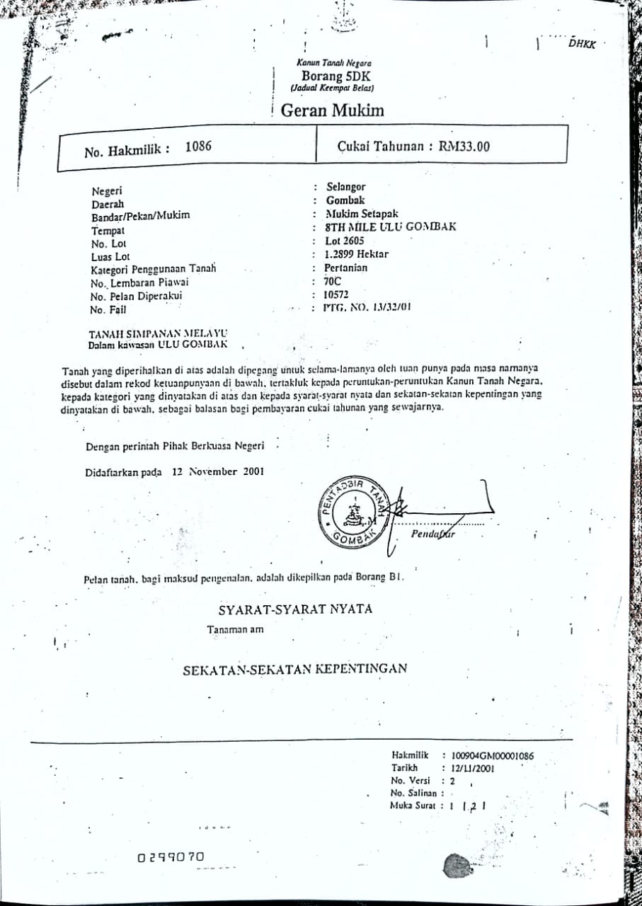 Geran Tanah 1 Land in Gombak