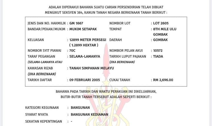 Title Search1 Land in Gombak